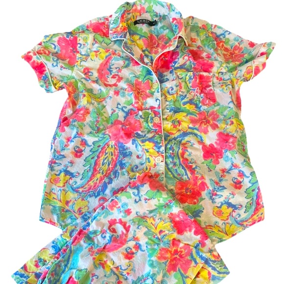 Lauren Ralph Lauren Women’s Size M Floral 2 Piece Pajama Set Monogram Pocket - Picture 1 of 16